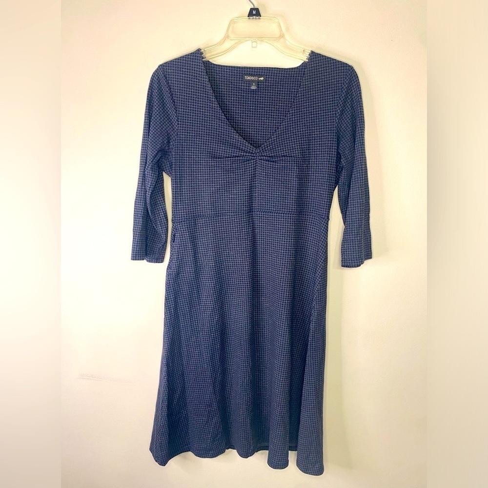 Toad &‎ Co Rosalinda Dress V Neck Blue Houndstooth Dress Outdoor Gorpcore Small